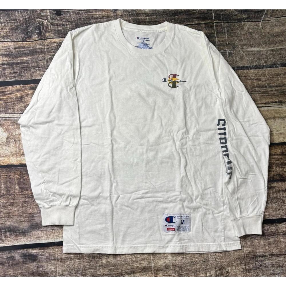Champion X Supreme T-Shirt Men's Medium Long Sleeve White Cotton